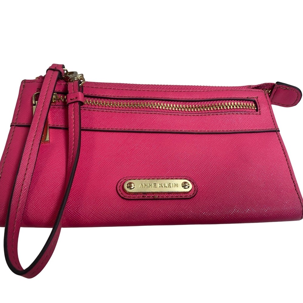 Anne Klein Wristlet Wallet‎ Clutch W/Card Holder Zip Around Pink Polka Dot Used